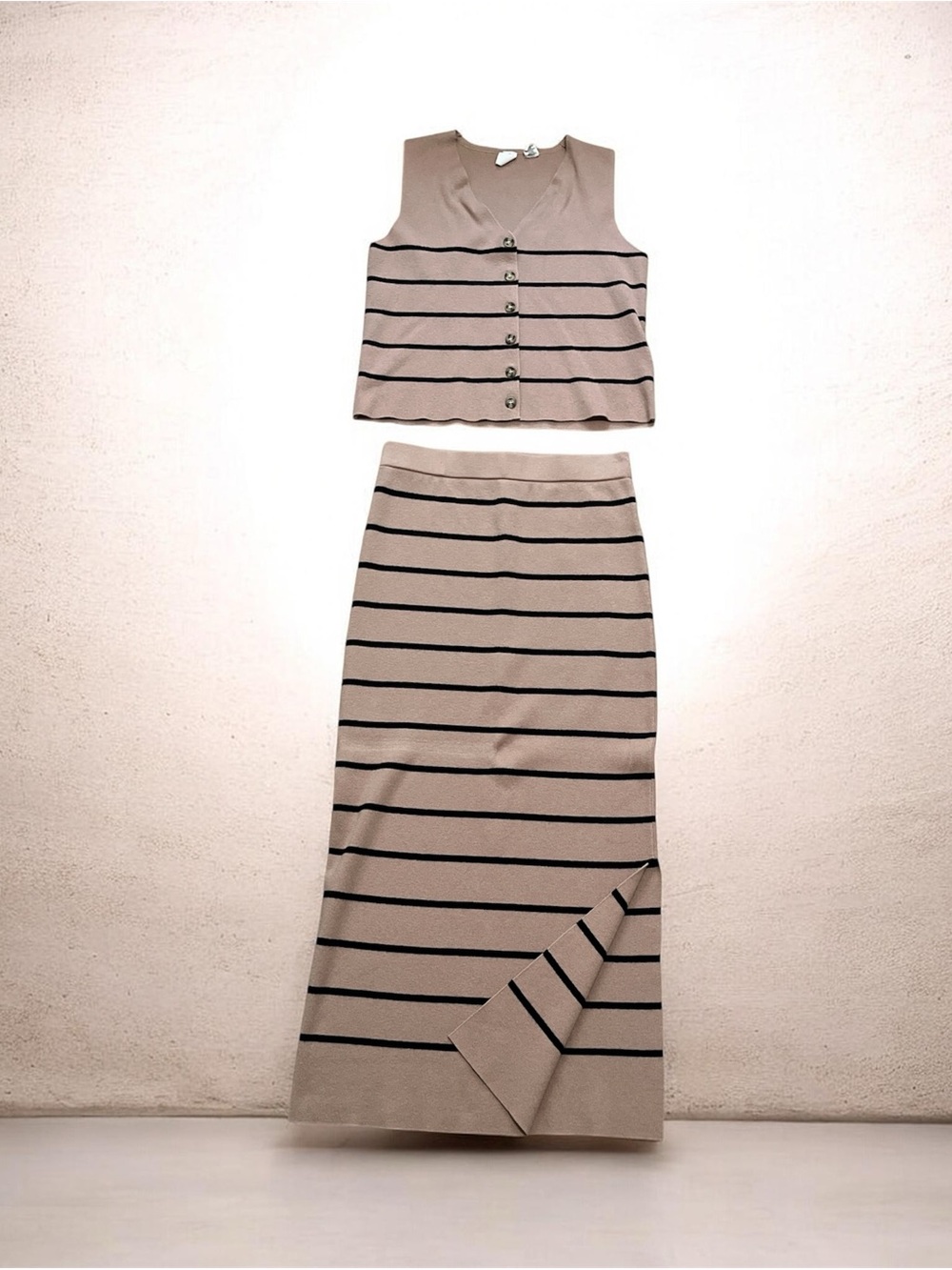 Joie Beige and Black Striped Knit Skirt Set